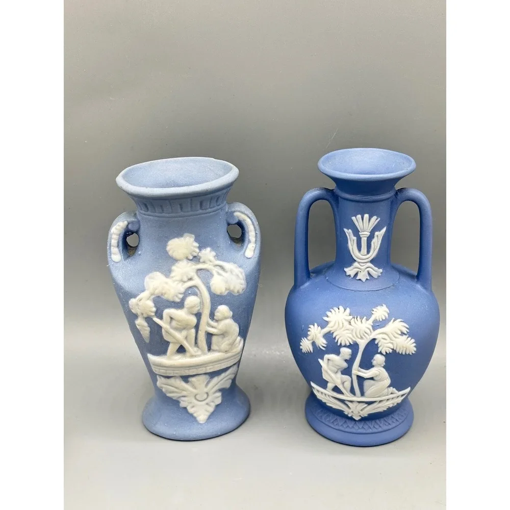 Vtg Blue Jasperware Wedgwood Style‎ Vases Pair Decorative Collectible Porcelain